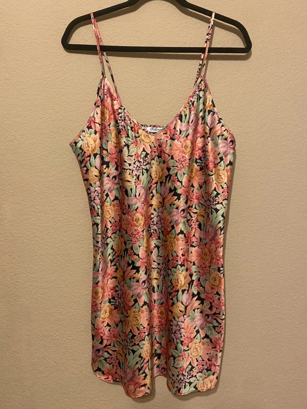 Pollinaise Floral Slip Dress Satin Camisole Mini Pink Black Vintage L/XL? USA